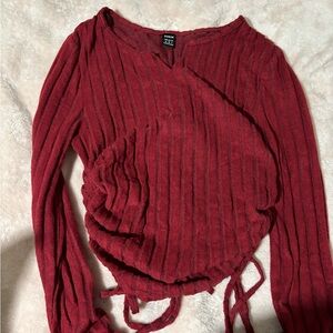 SHEIN Ribbed Wrap Blouse - Deep Red